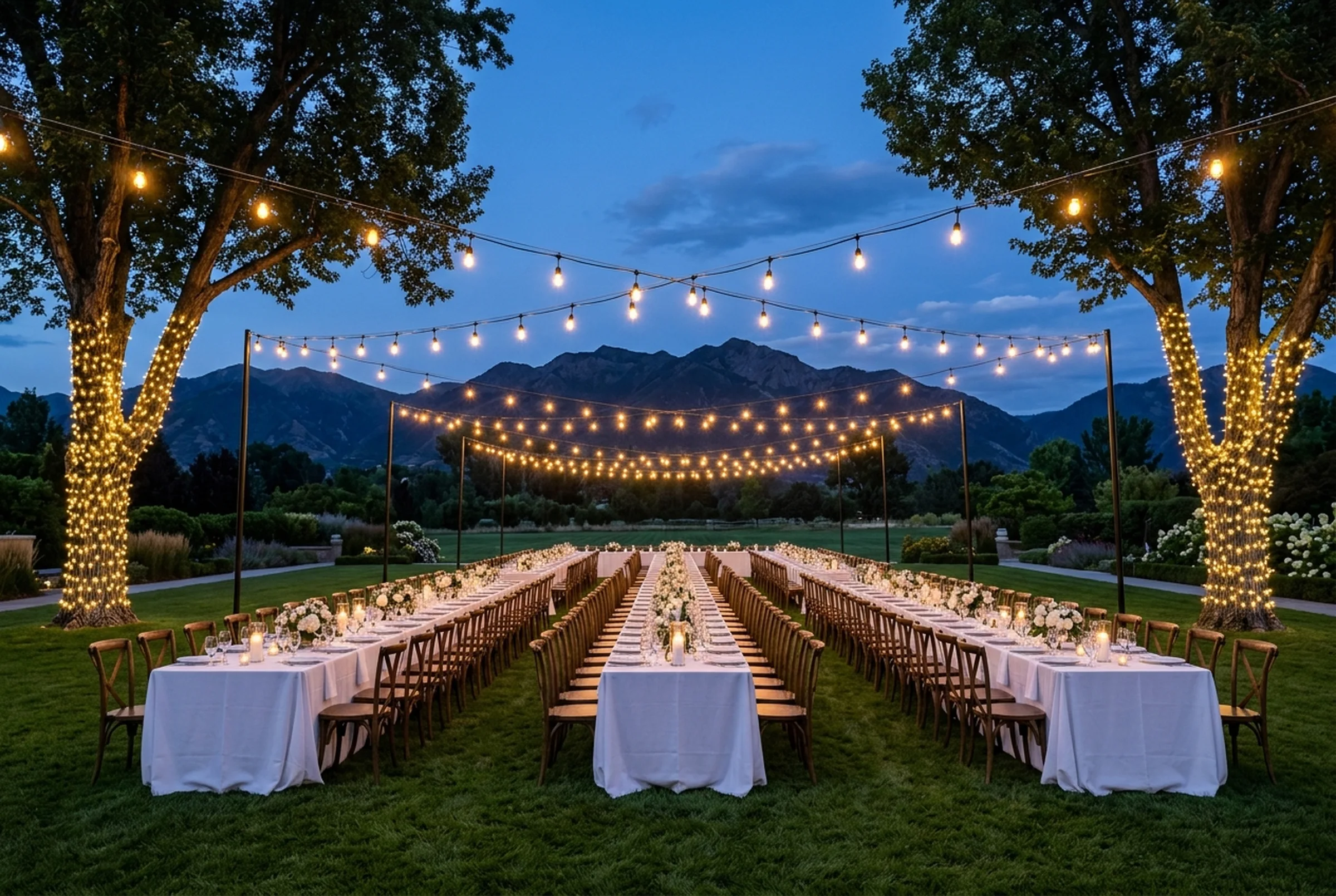Bistro string lights in a canopy over long dining tables in a backyard, with two light-wrapped trees and mountains at dusk