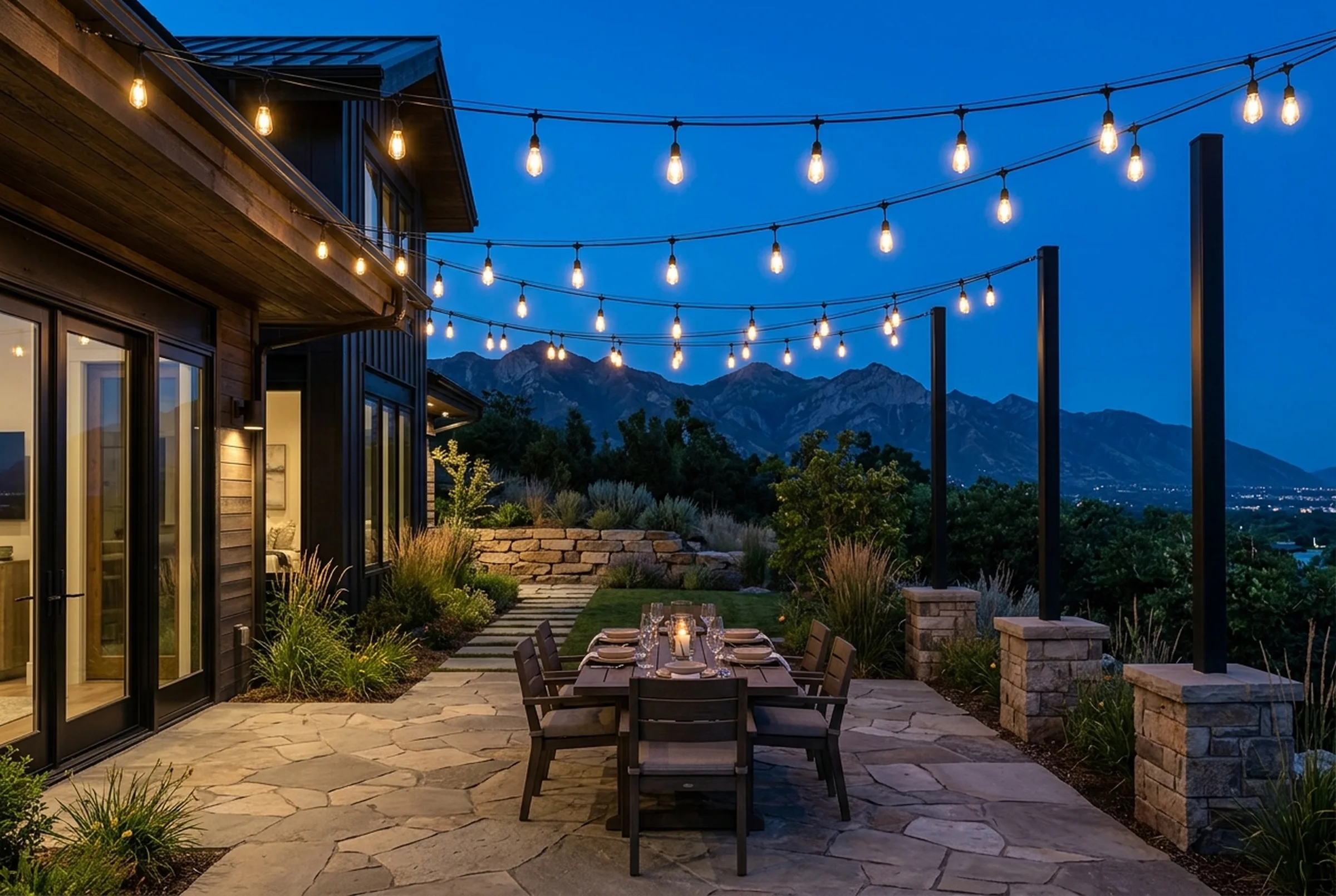Bistro string lights hung in rows from black poles over a flagstone patio and dining table at dusk
