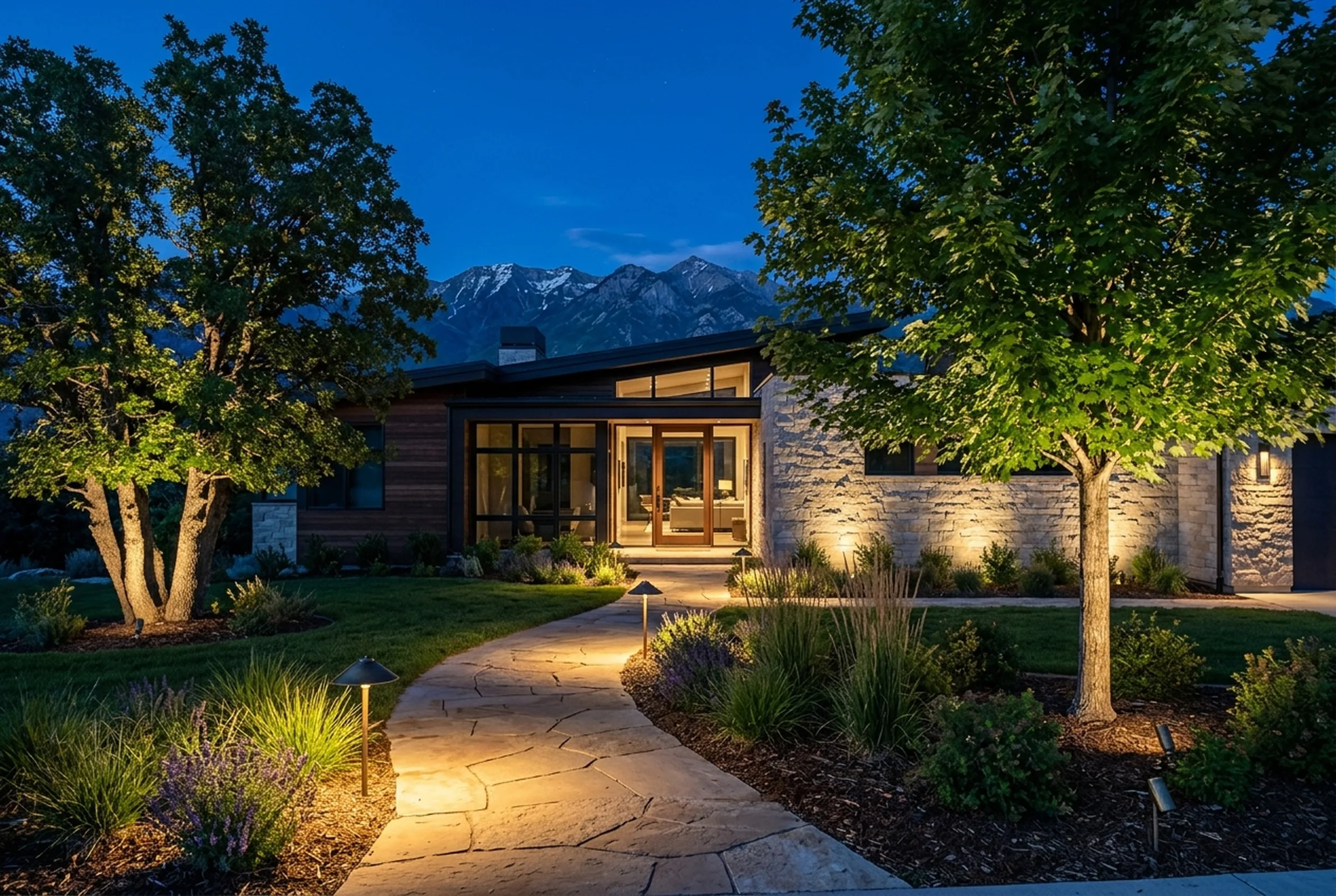 Upscale mountain-modern home at dusk with uplit trees, path lights along a flagstone walk and light grazing the stone front