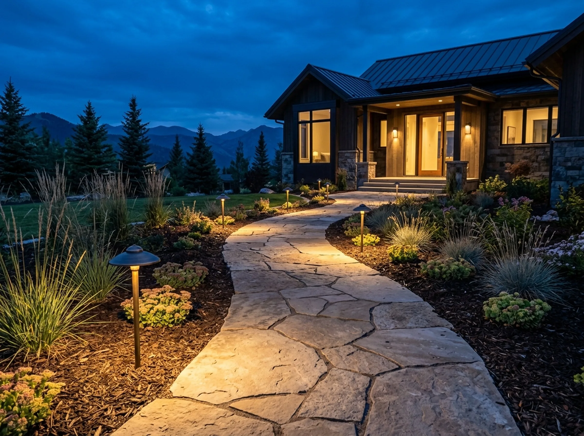 Flagstone path to a front porch lined with brass path lights at dusk