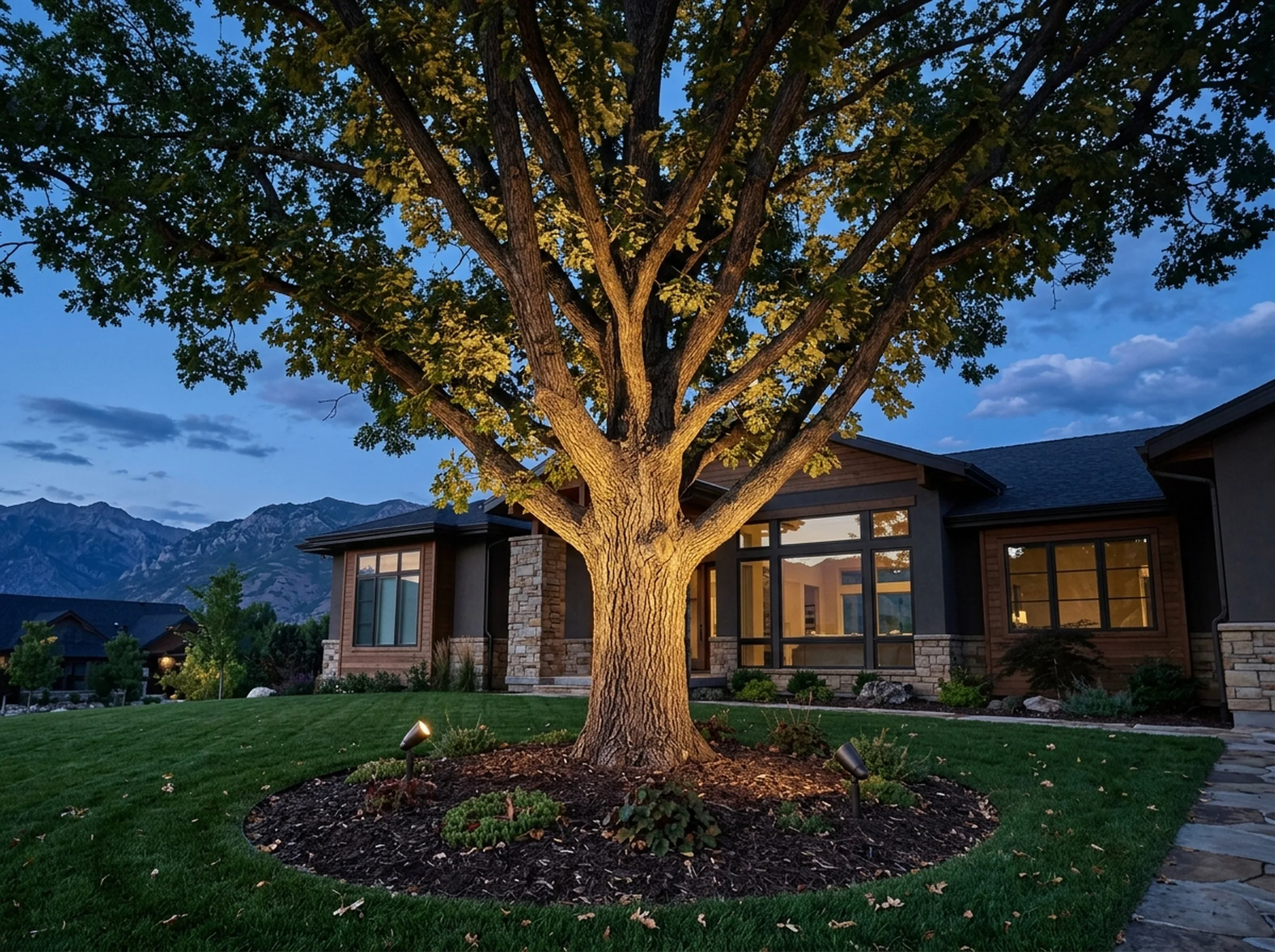 Mature front-yard tree lit from its base by two small uplights at dusk