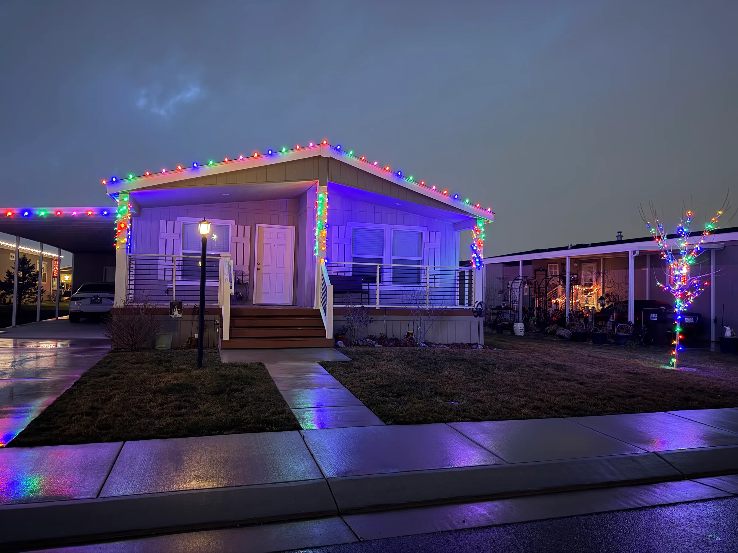 Multicolour roofline lights and a wrapped front yard tree